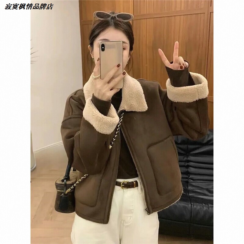 高级感外套夹克欧货皮毛一体女上衣翻领加厚百搭款秋冬时尚机车服