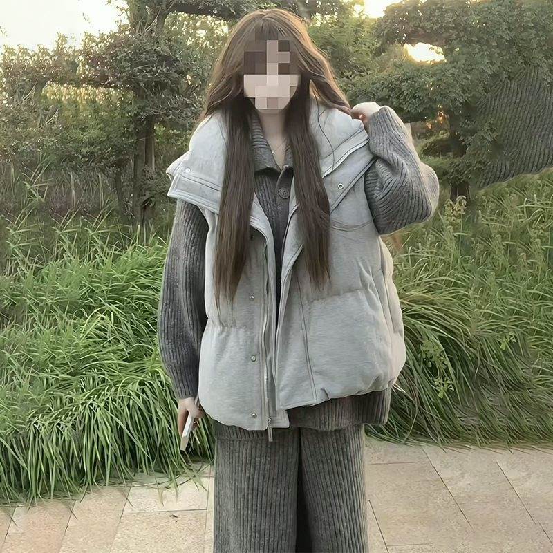三件套韩系学院风秋冬慵懒休闲宽松翻领棉服马甲女+灰色毛衣+裤子