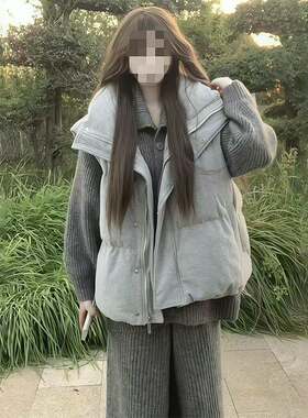 三件套韩系学院风秋冬慵懒休闲宽松翻领棉服马甲女+灰色毛衣+裤子