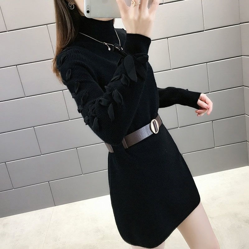 高品质秋冬季时尚洋气减龄中长款外穿连衣裙针织打底衫加绒毛衣女