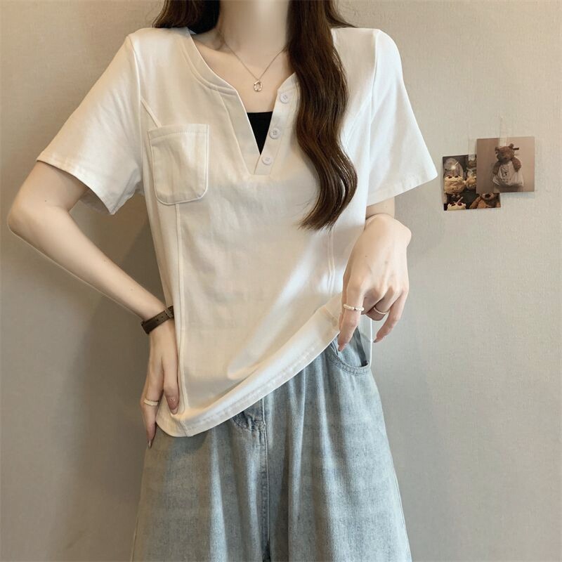 纯色正肩假两件口袋短袖t恤打底衫女夏装微胖mm显瘦遮肚百搭上衣