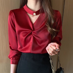 春装仿真丝衬衫女长袖2026新款设计时尚小众上衣百搭气质打底衬衣