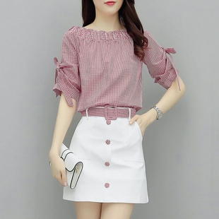 2026新款时尚格子套装裙夏季矮个子显瘦连衣裙女一字肩两件套短裙