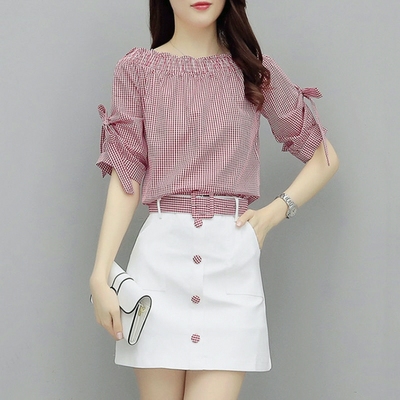 2025新款时尚格子套装裙夏季矮个子显瘦连衣裙女一字肩两件套短裙