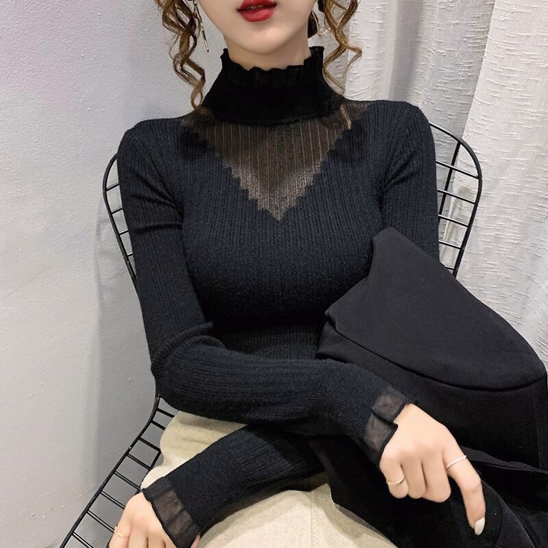 半高领蕾丝拼接镂空毛衣女洋气修身内搭针织打底衫女上衣秋冬新款