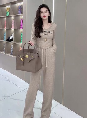 运动风时尚休闲套装2026春秋新款洋气减龄字母长袖T拖地裤两件套