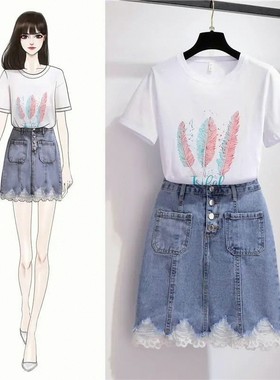 单件/套装 蕾丝牛仔裙女2026新款夏裙设计感+夏季半袖上衣服体恤