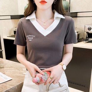 2026夏季新款潮短款洋气上衣v领刺绣棉撞色短袖t恤女POLO衫时尚