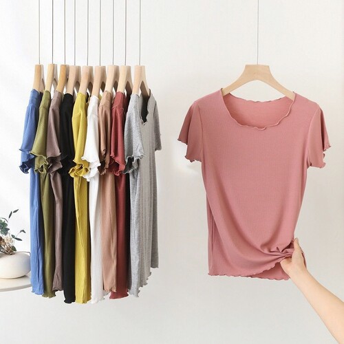 春夏百搭莫代尔短袖T恤女螺纹内搭纯色修身上衣木耳边圆领打底衫