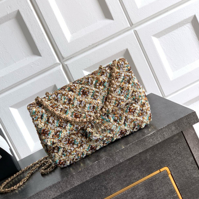 2025新款小香风刺绣珠片链条包斜挎包真皮时尚潮流行百搭单肩包女