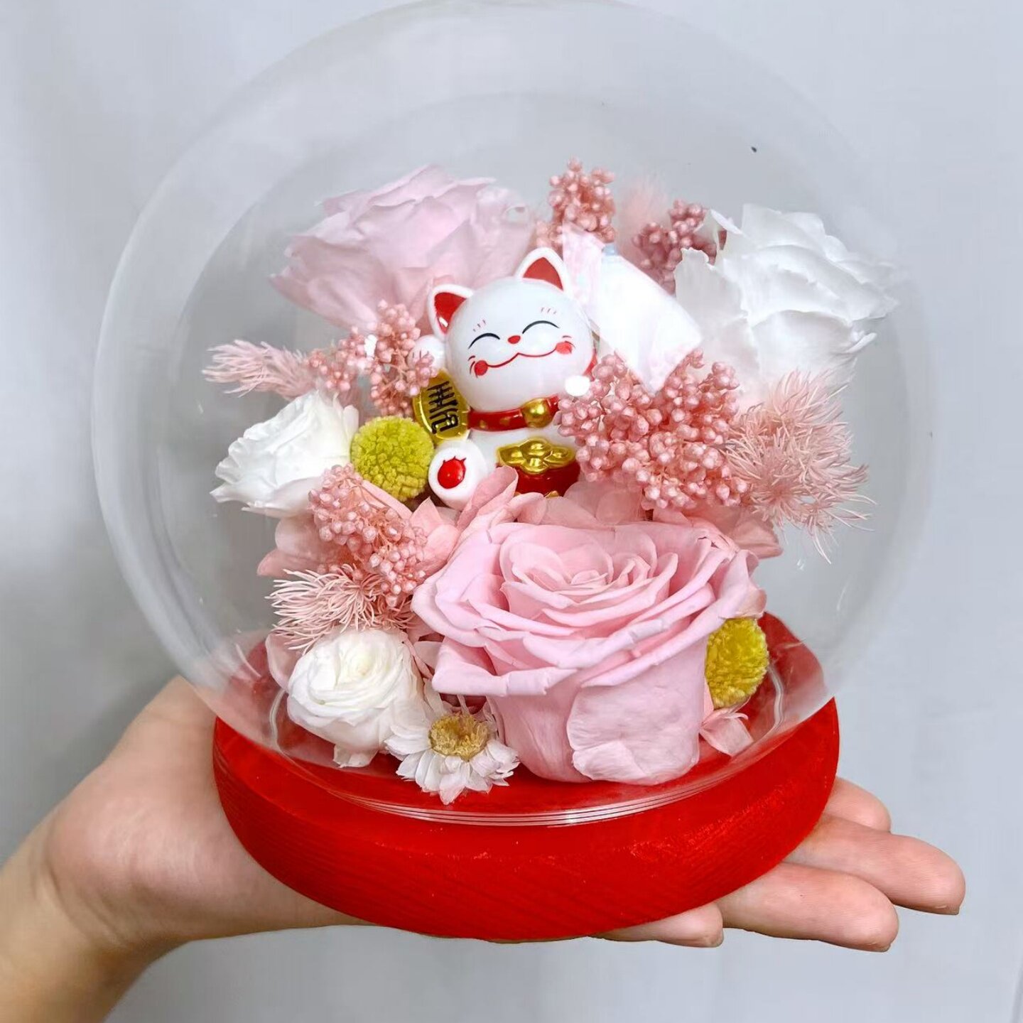 玻璃罩永生花保鲜花招财猫永生玫永生花