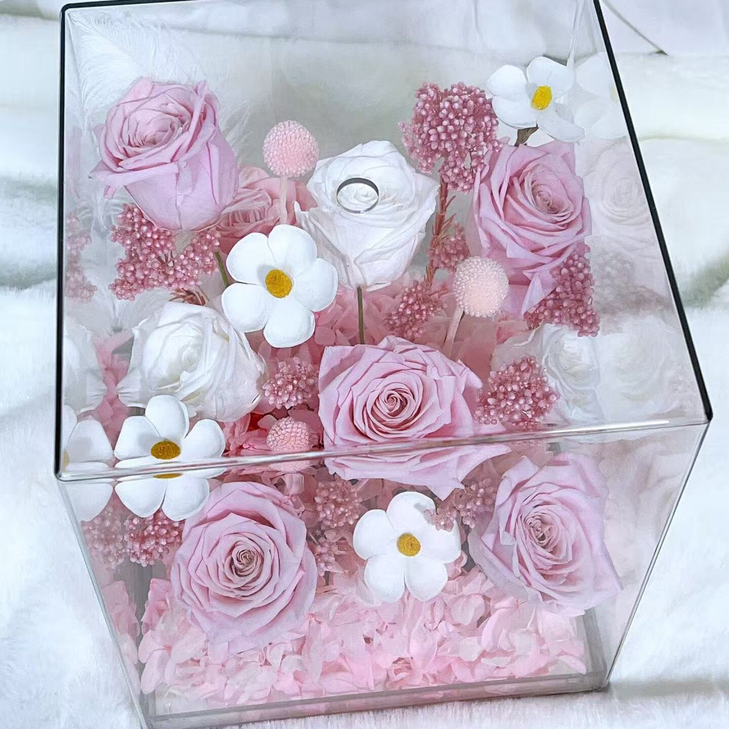 永生花花盒玫瑰混搭花盒亚克力方盒真花保鲜花生日花盒