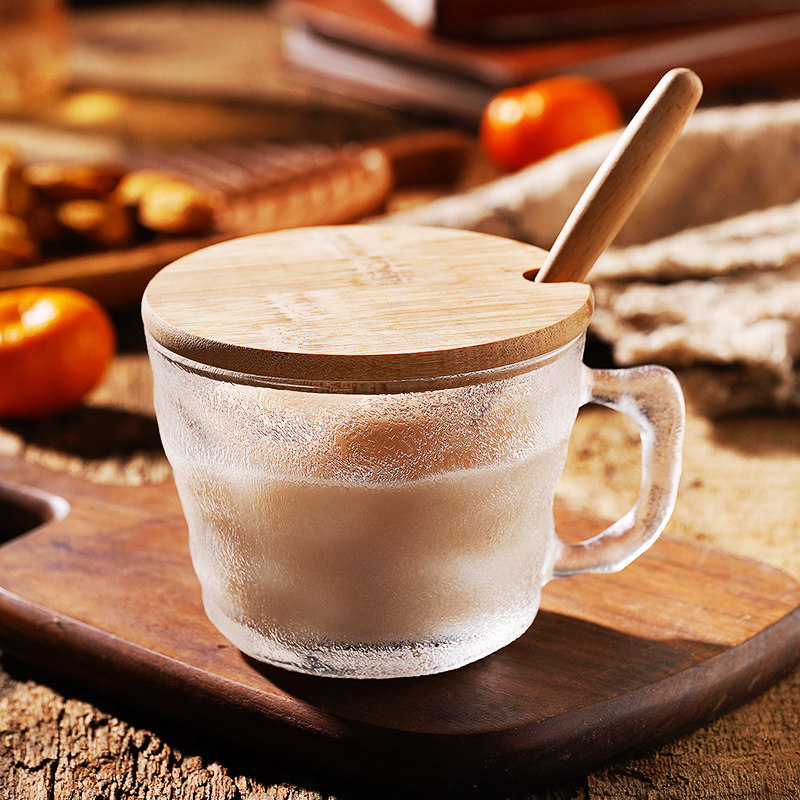 冰川纹玻璃杯燕麦早餐杯水杯女家用带把牛奶杯咖啡杯带盖带勺杯子,餐饮具,玻璃杯,淘宝优惠券,粉丝福利购,淘宝优惠卷