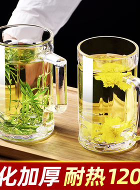 钢化玻璃杯茶杯带把手家用防摔啤酒杯子耐高温扎啤喝水男泡茶水杯