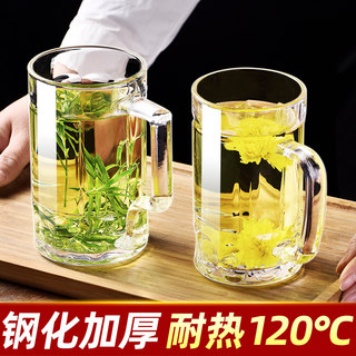 钢化玻璃杯茶杯带把手家用防摔啤酒杯子耐高温扎啤喝水男泡茶水杯