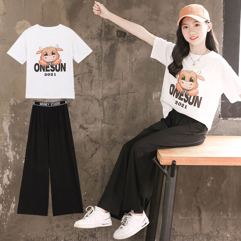 女童夏装阔腿裤套装儿童洋气夏季短袖t恤卡通大童运动12岁两件套