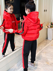 女童秋冬红金丝绒套装双面加绒运动中大童女孩马甲卫衣三件套加厚