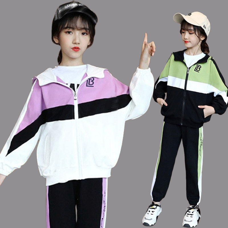 女童运动套装早秋穿搭大童连帽拼色棉女孩休闲洋气棒球服两件卫衣