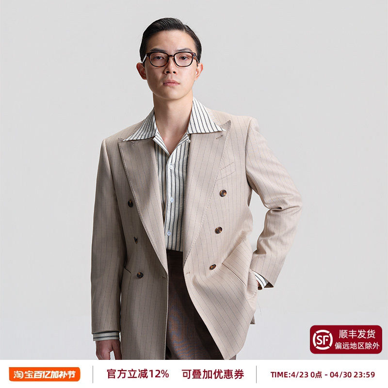 【双排扣戗驳领】平圆方中宽松版竖条纹双开衩西服套装男士西装