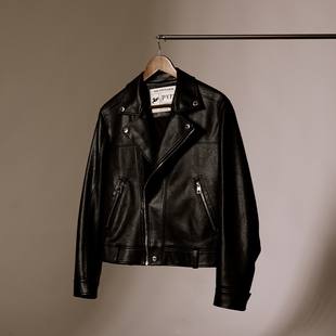 秋季 平圆方中翻领皮衣外套男新款 复古 PU夹克酷飒机车服 美式