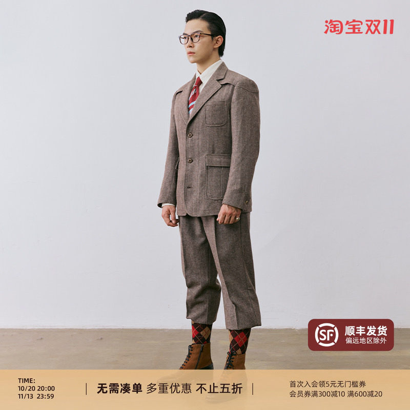 【50%羊毛】平圆方中骑行西服套装混纺易复古休闲西装外套男款