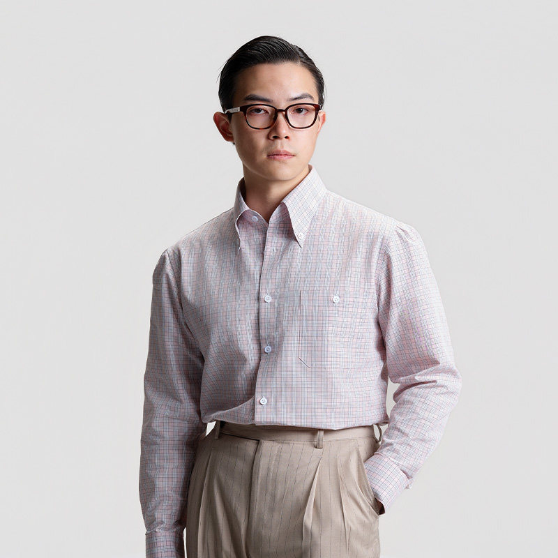 【粉色格子扣领长袖衬衫】平圆方中复古春季商务休闲衬衣男