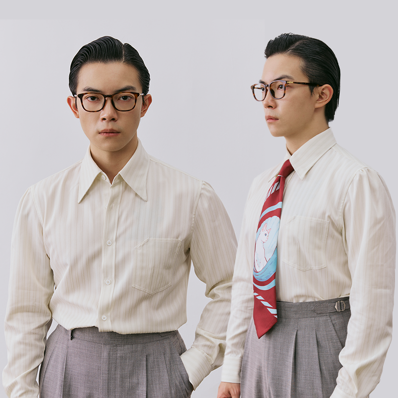 平圆方中米色人字条纹长尖领衬衫