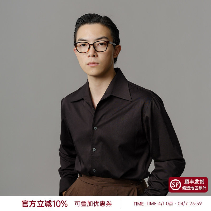 【一片领】平圆方中黑色通勤衬衫男款商务休闲西装抗皱长袖衬衣
