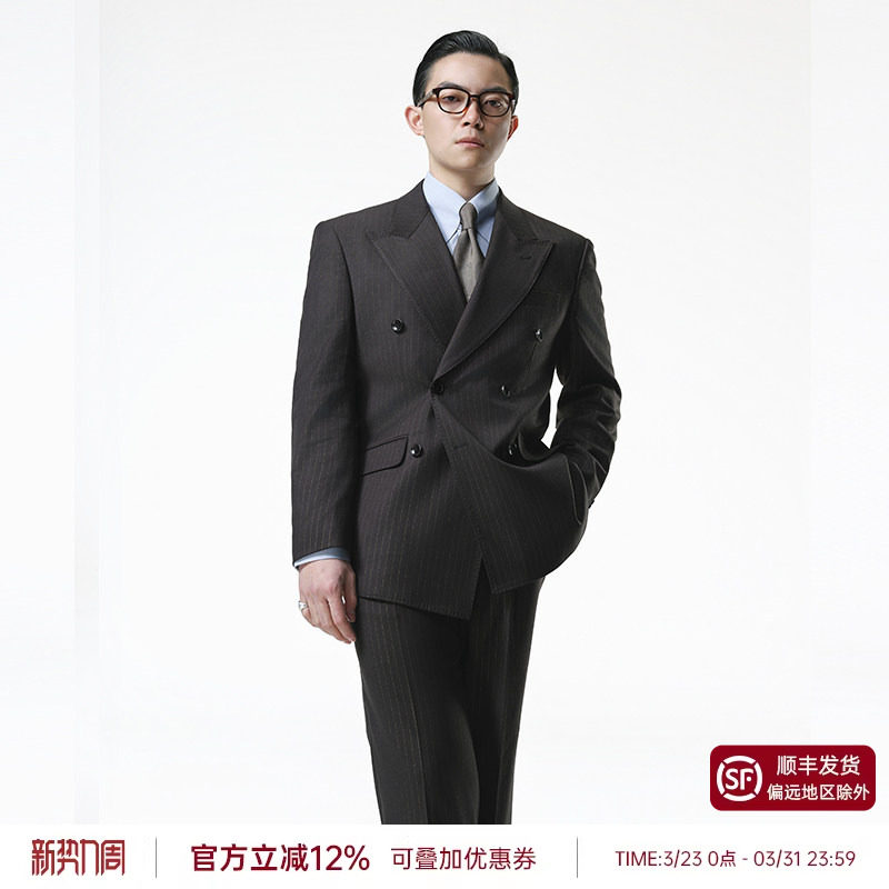 【黄金线戗驳领双排扣西服套装】平圆方中商务正装条纹西装男士