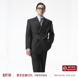 条纹西装 平圆方中商务正装 男士 黄金线戗驳领双排扣西服套装