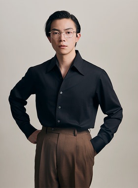 【一片领竹纤维】平圆方中黑色通勤衬衫错位上袖男休闲抗皱衬衣