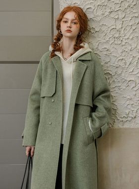 2025年新款复古宽松廓形系带绿色呢大衣女秋冬爆款高级感毛呢外套