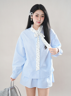 蓝韵悠然 韩系休闲蓝色条纹长袖T恤拼接波点领口蝴蝶结设计感套装