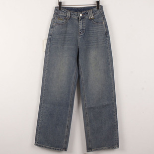 初九月春秋宽松直筒阔腿裤 9236 无弹高腰水洗做旧潮流女牛仔裤