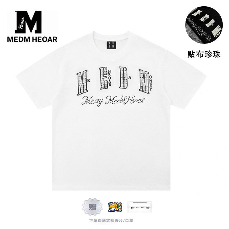 MEDM HEOAR小香贴布珍珠刺绣男女t恤国潮宽松休闲情侣短袖上衣潮图片