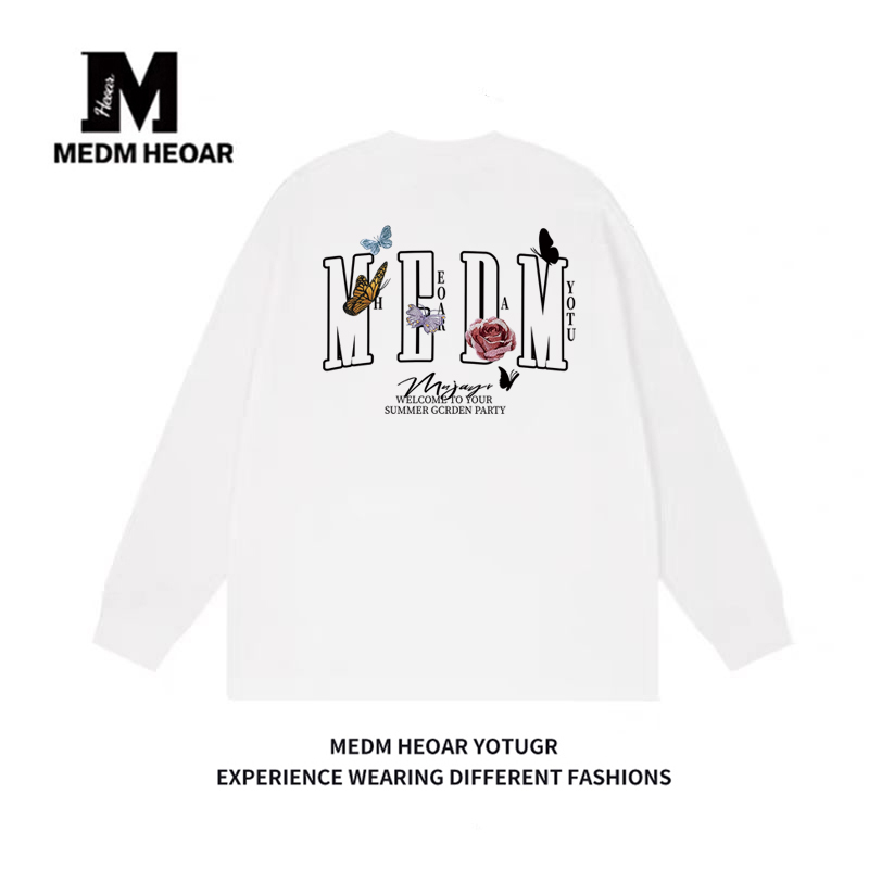 MEDM HEOAR蝴蝶花园刺绣LOGO长袖T恤男女情侣宽松圆领体恤上衣潮