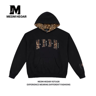 MEDM HEOAR帽里豹纹双层皮毛豹纹连帽卫衣美式情侣宽松加绒外套男