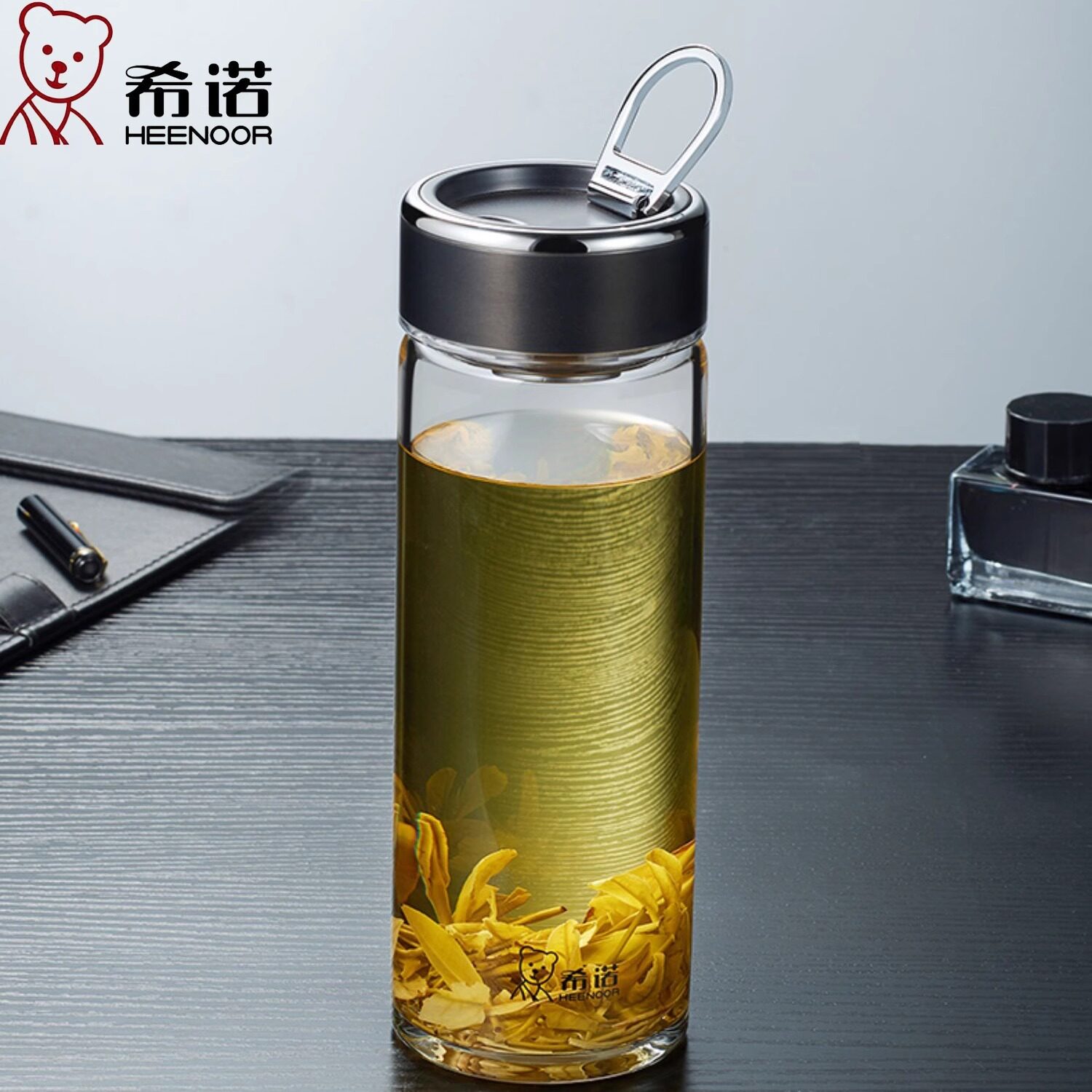 希诺单层玻璃杯大容量杯子便携带提环水杯男女带盖茶杯XN-6068