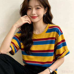 条纹t恤女短袖2026新款夏季韩版红蓝黄撞色潮大版宽松上衣中长款