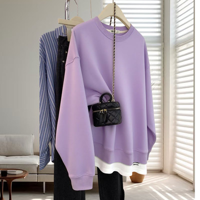 加绒宽松中长款假两件卫衣女印花