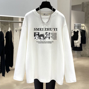 白色磨毛t恤女长袖2025新款春秋冬动漫少女宽松德绒打底衫中长款