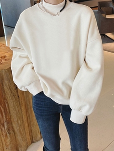 2025新款春秋冬休闲时尚纯白色薄款宽松套头半高领卫衣女加绒加厚