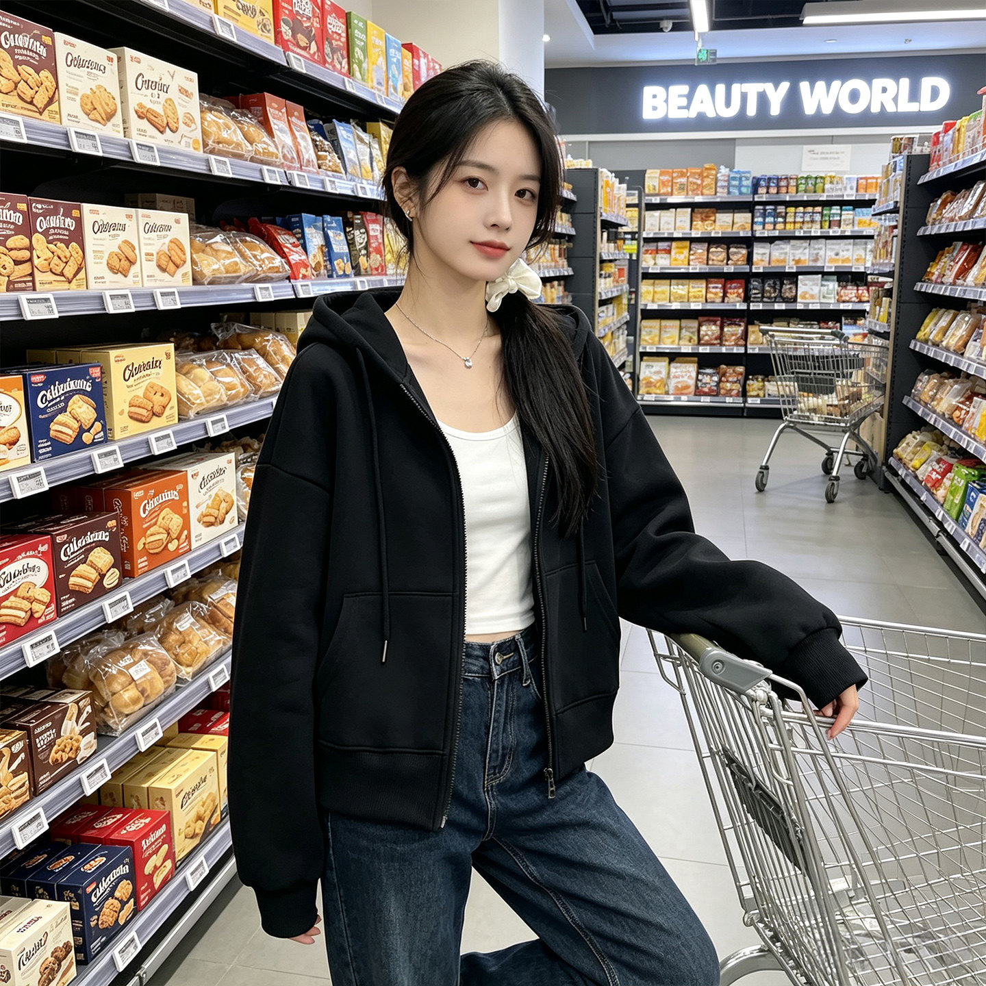秋冬连帽拉链卫衣女宽松显瘦