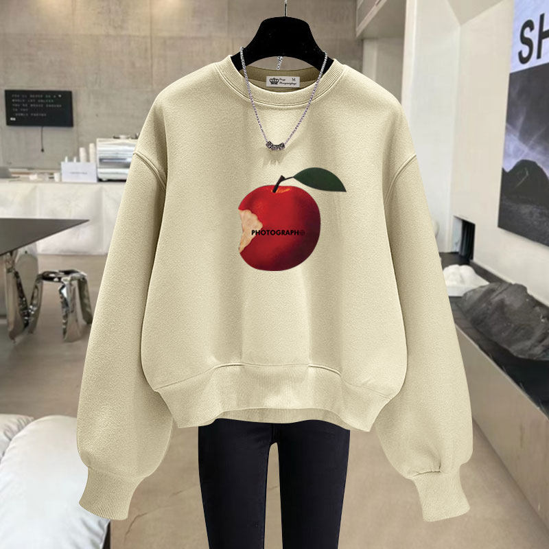 2026春秋冬季新款苹果印花加绒加厚宽松长袖套头短款圆领卫衣女潮
