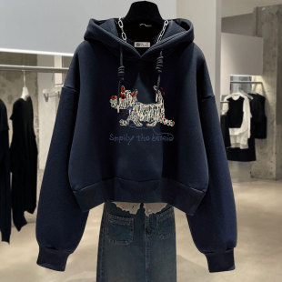 黑色连帽卫衣女加绒2026新款春秋冬薄款趣味卡通带帽上衣外套短款