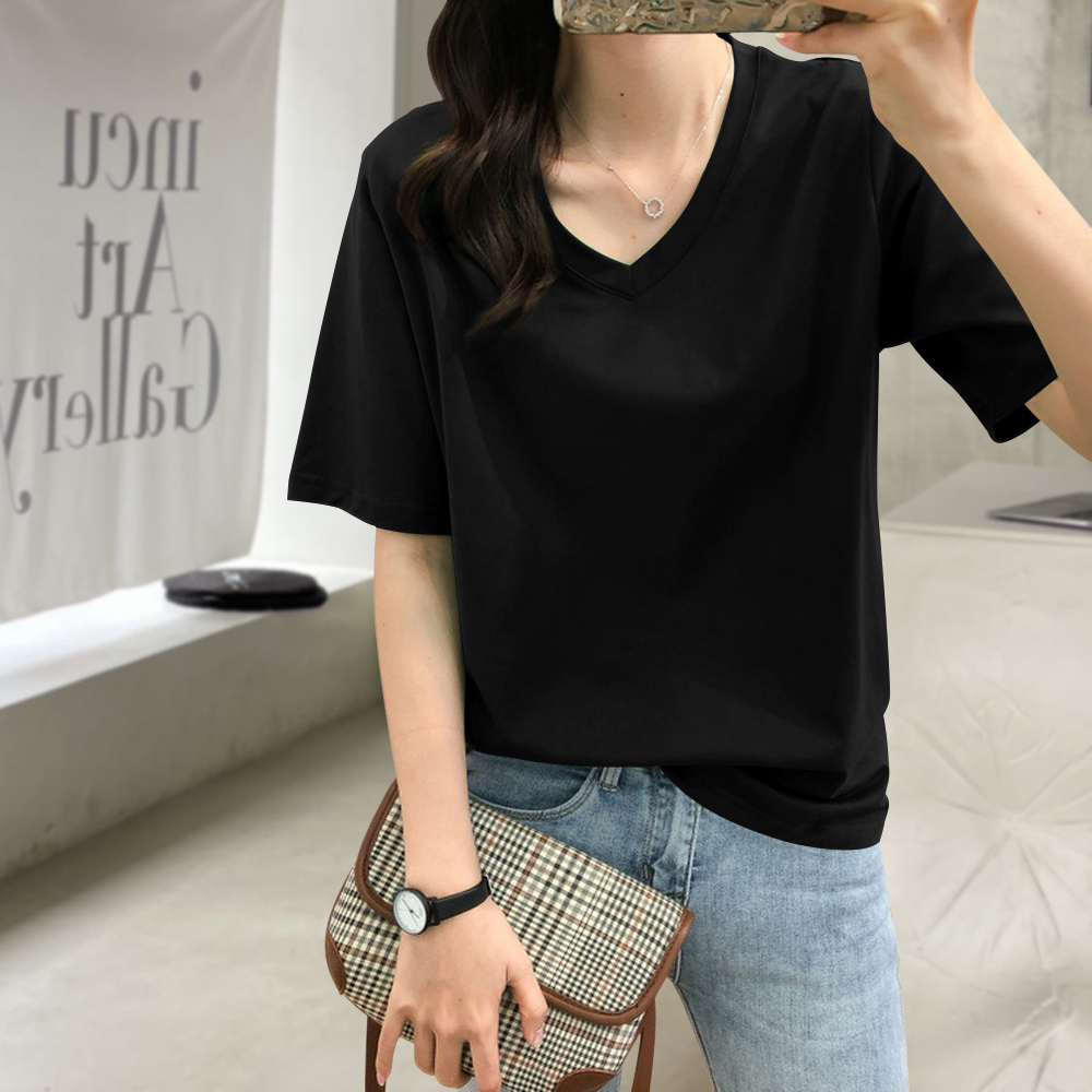 韩版低领体恤大版宽松大领口上衣纯色棉v领t恤女短袖2025大码纯色