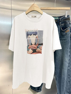 卡通唐老鸭中长款 T恤女2025春夏宽松遮屁股欧货下衣失踪 纯棉短袖