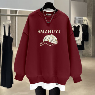 红色假两件圆领卫衣女加绒2026新款春秋冬薄款花朵帽子宽松中长款