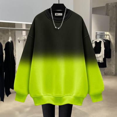 加绒宽松渐变色纯色中长款卫衣女