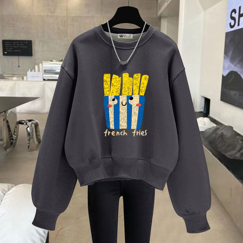 2026春秋冬季新款薯条卡通加绒加厚宽松长袖套头短款圆领卫衣女潮